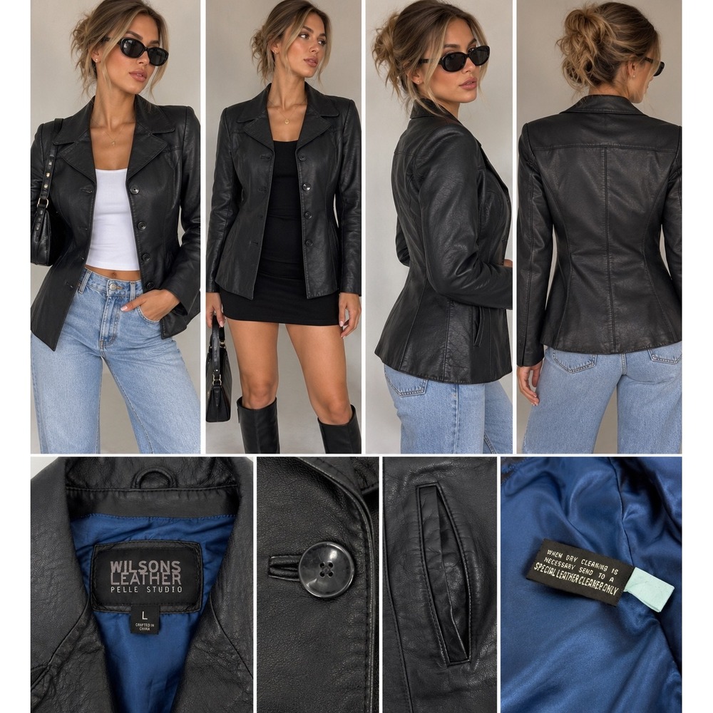 Wilsons Leather Pelle Studio Black Leather Blazer Jacket Vintage 2004 Y2K L